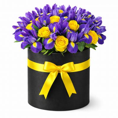 Букет из роз и ирисов «Солнечный взрыв»