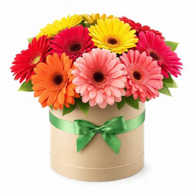 Шляпная коробка с герберами «Солнечный вихрь»