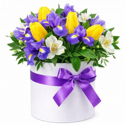 Цветочная композиция в шляпной коробке «Солнечная радость»