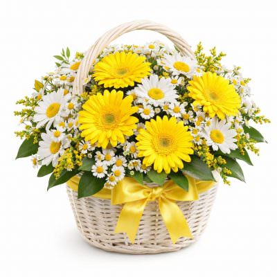Корзина с герберами и ромашками «Солнечное чудо»