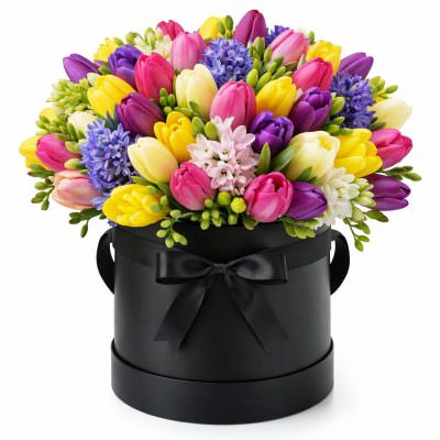 Цветы в шляпной коробке «Радужный шик»