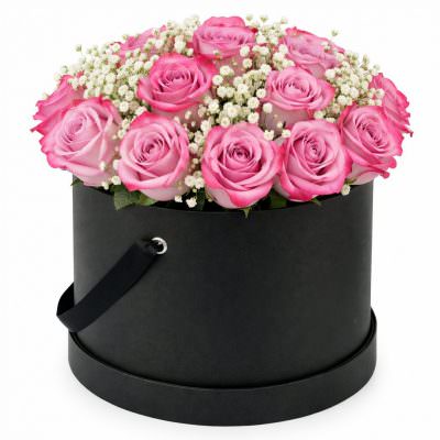 Шляпная коробка с розами и гипсофилами «Восхитительное утро»